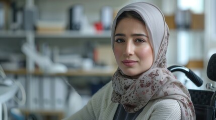 Professional Muslim hijab woman, white office background, sitting at desk with neck pain, massaging neck, side view, focused composition.
