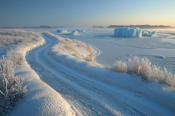 Obraz premium Snowy road by frozen river with ice formations at sunrise.