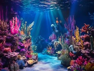 Obraz premium Vibrant underwater scene with colorful coral reef, fish, and sunlight beams. Perfect for backgrounds, websites, or marine-themed projects.