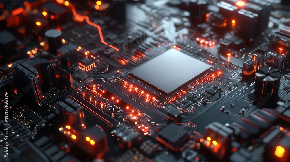 Poster abstract technology circuit board glowing red digital background modern design data chip dark power