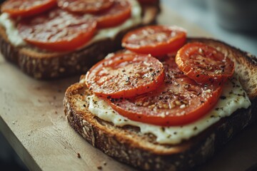 Close-up of toasted bread topped with fresh tomato slices and spices, creating a vibrant, appetizing dish.