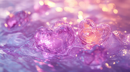 Colorful heart shapes floating in shimmering water.