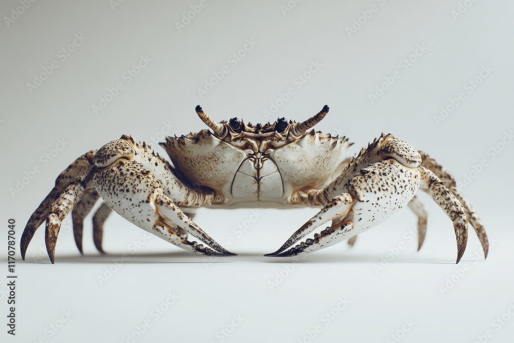 Poster a close-up of a beautiful crab with intricate patterns, showcasing its claws against a soft beige ba