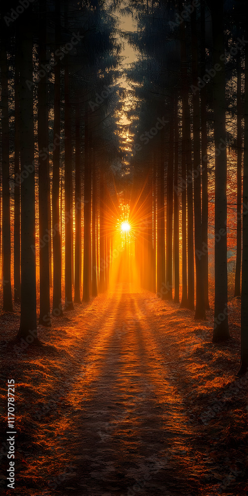 Poster sunset beams through trees in a forest path.