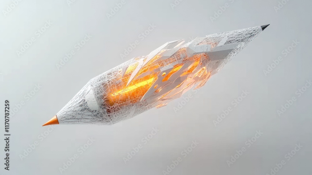 Poster abstract 3d pencil design with intricate white and orange patterns.