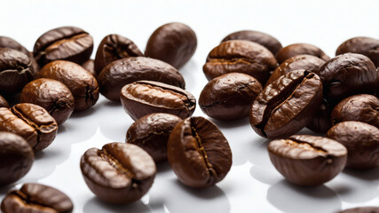 Obraz premium Roasted coffee beans on a white background. Suitable for coffee brands, cafes, or food and beverage concepts. Warm and inviting