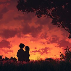 Fototapeta premium anime love couple sharing moment in front of sunset