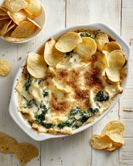 Delicious creamy spinach dip topped with crispy chips, perfect for sharing and enjoying at gatherings.