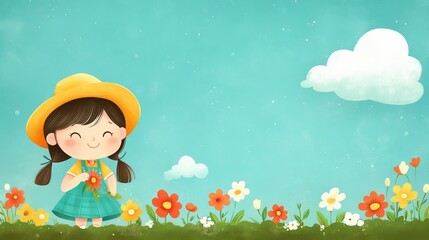 Young girl in a colorful dress enjoys a sunny day surrounded by flowers celebrating love and friendship on Valentine's Day