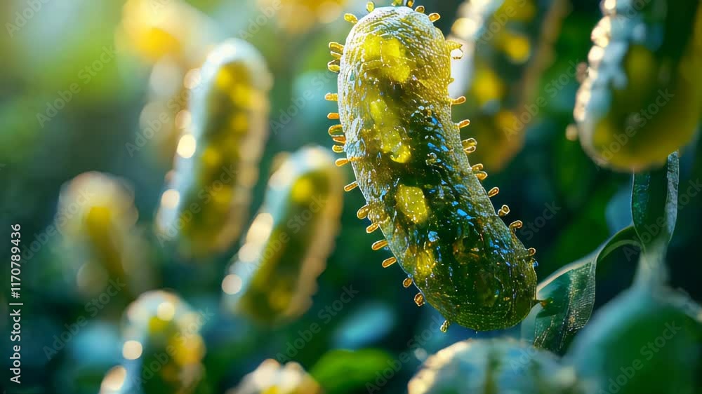 Poster a detailed image showing viruses attacking cells under a microscope, illustrating the microscopic ba