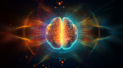 Obraz premium Vibrant digital representation of a brain glowing with interconnected lines and energy