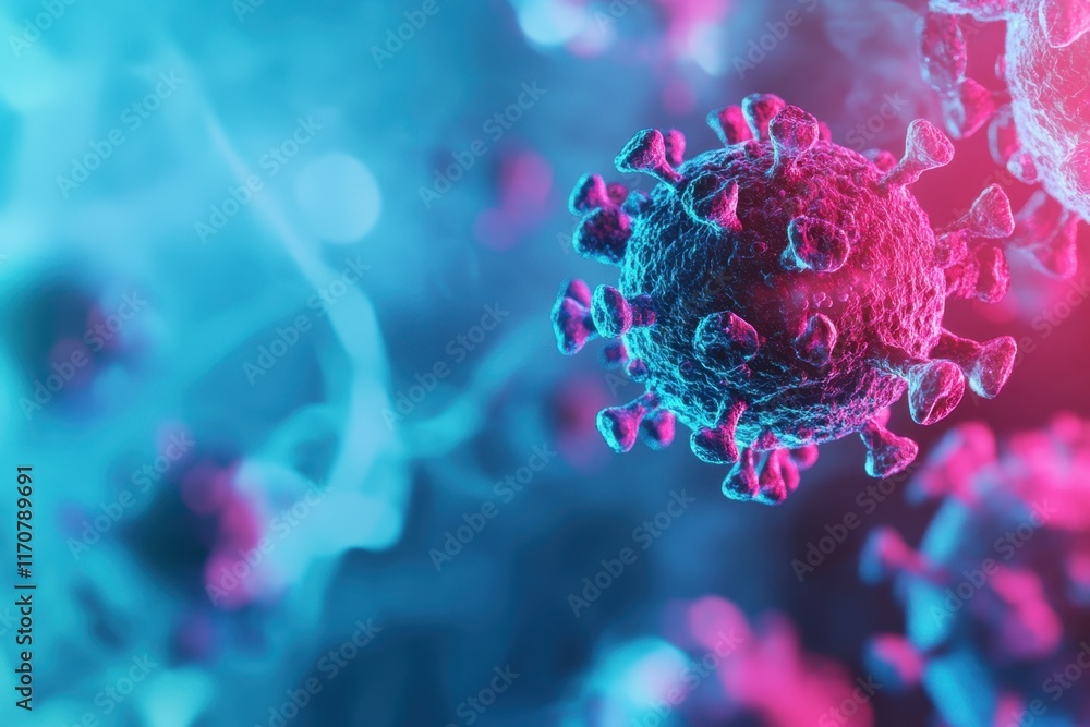 Poster visual representation of a virus in a vibrant digital environment at a microscopic level