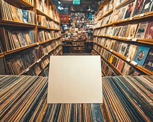 Blank Sign Mockup Vintage Record Store with Stack of Vinyl Albums and Bookshelves - Retro Aesthetic