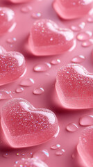 Glittery pink heart-shaped candies on a glossy surface