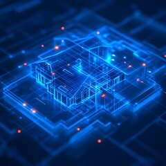 Digital blueprint of a house on a circuit board.