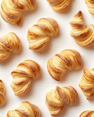Freshly baked golden croissants arranged artfully on a light backdrop.