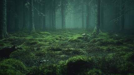 Fototapeta premium Enchanting Foggy Forest at Dusk Lush Green Moss Carpet, Mystical Atmosphere, Dark Evergreen Trees
