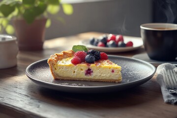 Delicious slice of cheesecake topped with fresh berries and mint on a cozy wooden table.