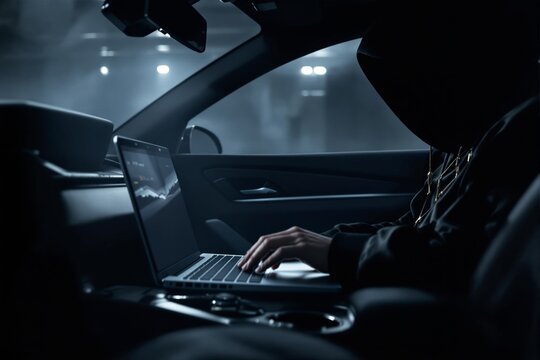 Hooded figure in a car typing on a laptop in a dark environment, with glowing lights in the background. Concept of hacking, cybersecurity. Ai generative - Powered by Adobe