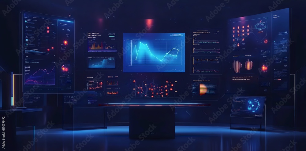 Poster cyberpunk data visualization: neon-lit graphs and charts in a dark room