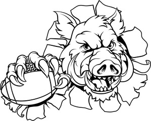 A wild boar, hog razorback warthog pig mean tough cartoon sports mascot holding an American football ball