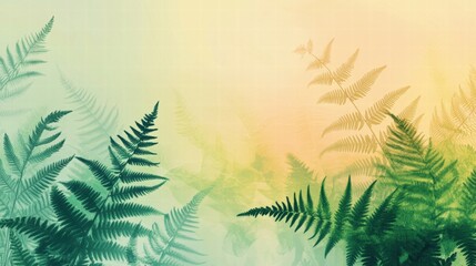 Naklejka premium Serene Fern Silhouette on Pastel Background Botanical Art Print, Watercolor Texture, Green and Gold Tones, Nature Wallpaper