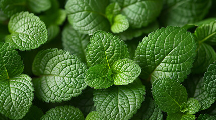 Fresh green mint leaves growing showing texture and water droplets