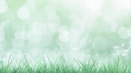 Fototapeta premium Serene Dew-Kissed Grass and Flower Background Soft Mint Green Bokeh Nature Image