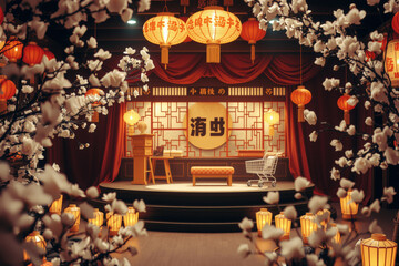 beautifully decorated Chinese stage with lanterns and floral arrangements creates festive atmosphere. scene includes traditional elements like podium and shopping cart, blending modern and classic