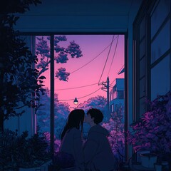 anime couple sharing kiss in quiet corner surrounded by pink hues