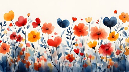 Obraz premium A bright watercolor Valentine background with cheerful hearts and flowers