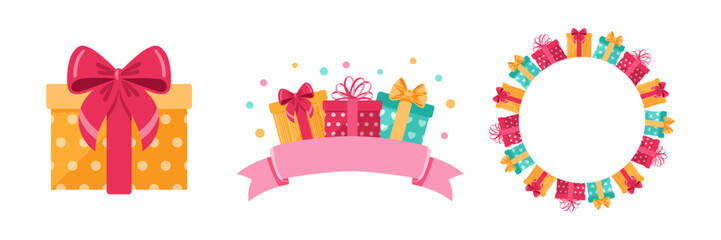 Set of elements for decoration. Gifts, frames, ribbons. Decoration for birthday, promotions, sales and other. Vector illustration.