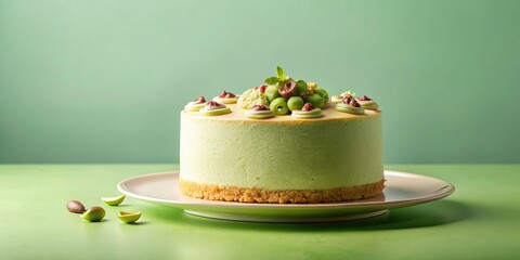 Delicate pistachio vanilla cake, pastel green, tilt-shift photography.