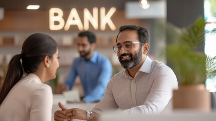 a financial advisor explaining investment options to a couple in a professional Indian bank setting.