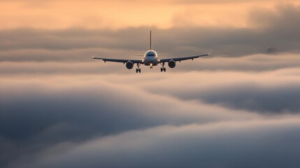 Jetliner Cruising Above Foggy Sunrise Landscape