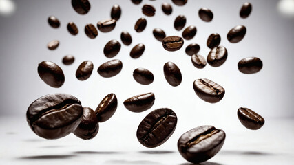 Many roasted coffee beans float in the air. Perfect for coffee shop branding, advertising, social media posts, and coffee-related design projects
