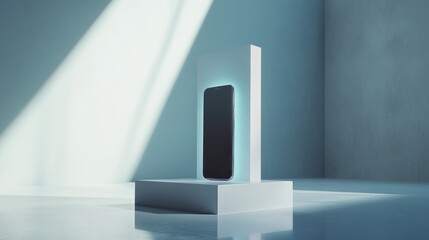 Modern smartphone mockup on a white pedestal, bathed in sunlight, showcasing a clean, minimalist design.