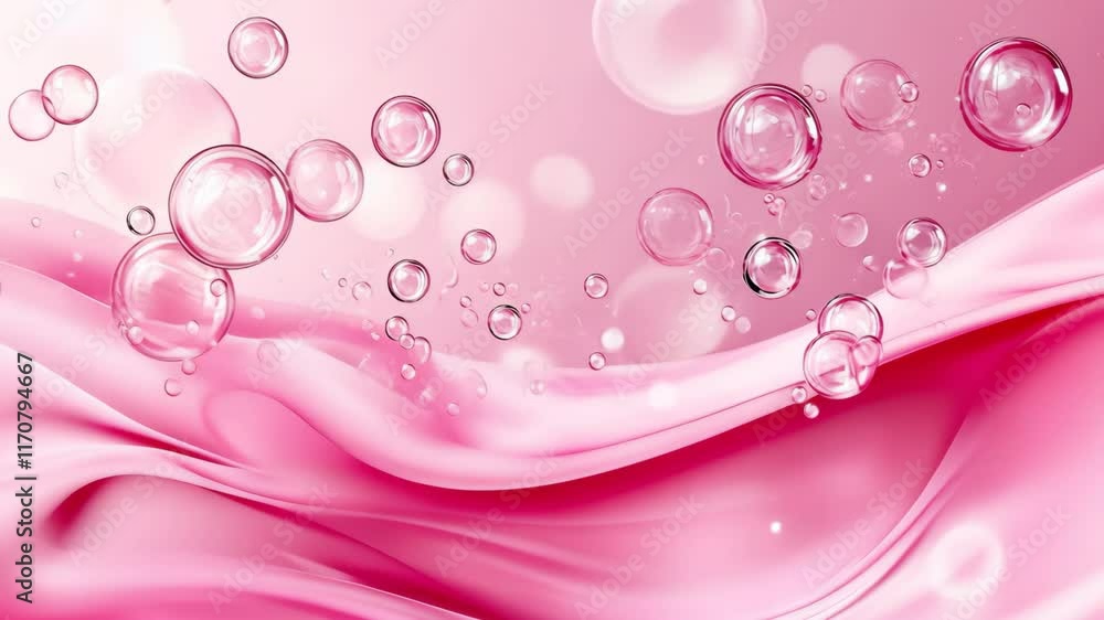Poster bubbles and swirling pink liquid create a playful abstract design in a soft color palette