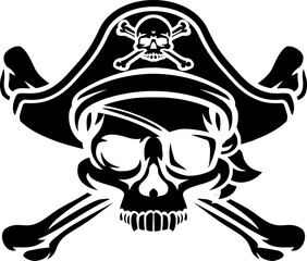 A pirate skull and crossbones jolly roger grim reaper cartoon wearing captain a hat and eye patch