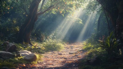Magical Sunbeams Illuminate Mystical Forest Path Enchanting Nature Photography