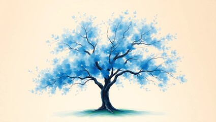 A tranquil oil painting featuring a vibrant blue tree as the central subject, executed in a dreamy watercolor style, with soft, blended brushstrokes and subtle texture, set against a white background