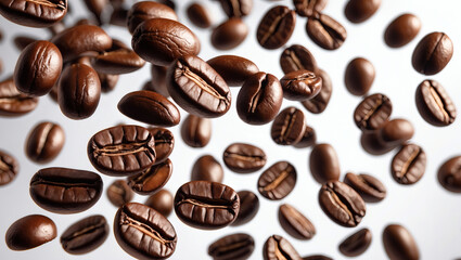 Obraz premium Many roasted coffee beans float in the air. Perfect for coffee shop branding, advertising, social media posts, and coffee-related design projects