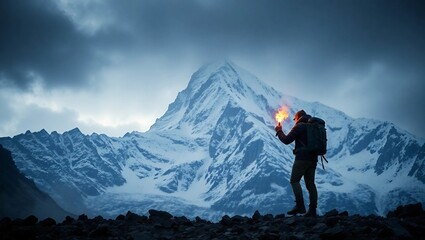 Alone adventurer standing at the base of a massive, snow-covered mountain. The adventurer, wearing rugged gear and a backpack