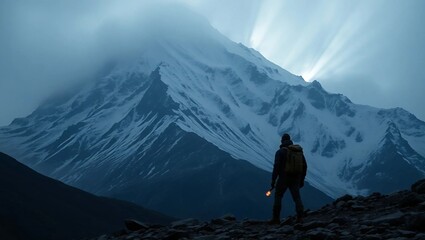 Alone adventurer standing at the base of a massive, snow-covered mountain. The adventurer, wearing rugged gear and a backpack, is holding a flare in one hand,
