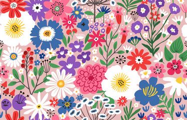 Beautiful flower seamless pattern with hand-drawn floral elements. Blossom botanical vector background for decor, easter, print or textile design