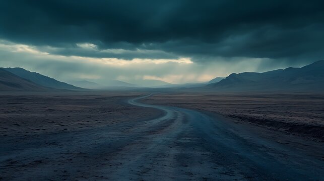 Winding Road Through Dark Mountain Landscape Under Stormy Skies