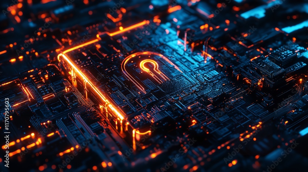 Poster abstract digital key neon glowing circuit board technology background data blue dark code lock light