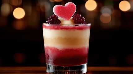 Sweet dessert with heart-shaped candy for Valentine's Day celebration in a cozy restaurant setting