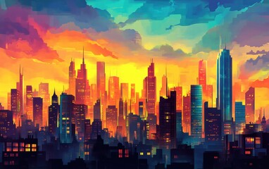 Vibrant Sunset Cityscape Digital Painting of a Modern Metropolis at Dusk