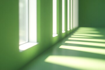 Obraz premium Sunlight streams through tall, narrow windows in a minimalist green room.